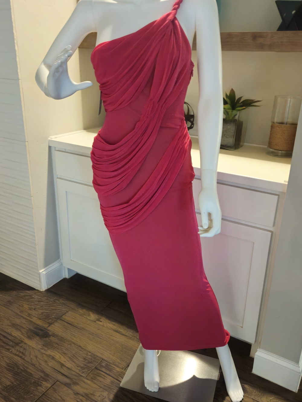 JLUXLABEL Fuchsia One-Shoulder Draped Midi Dress